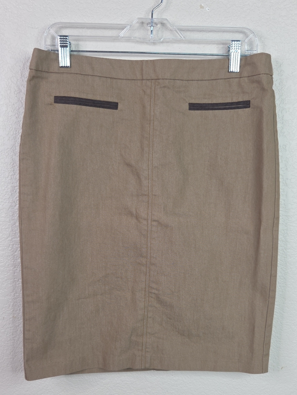 Tailored Tan Pencil Skirt with Pocket Trim